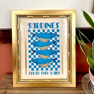 Retro Sardine Fresh Fish Canvas Print Wall Hang Art Blue Gold Framed Italy Ocean